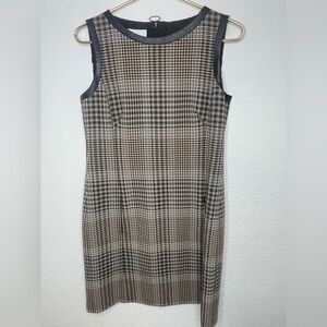 AKRIS Punto dress plaid at knee sz 8 leather trim sleeveless